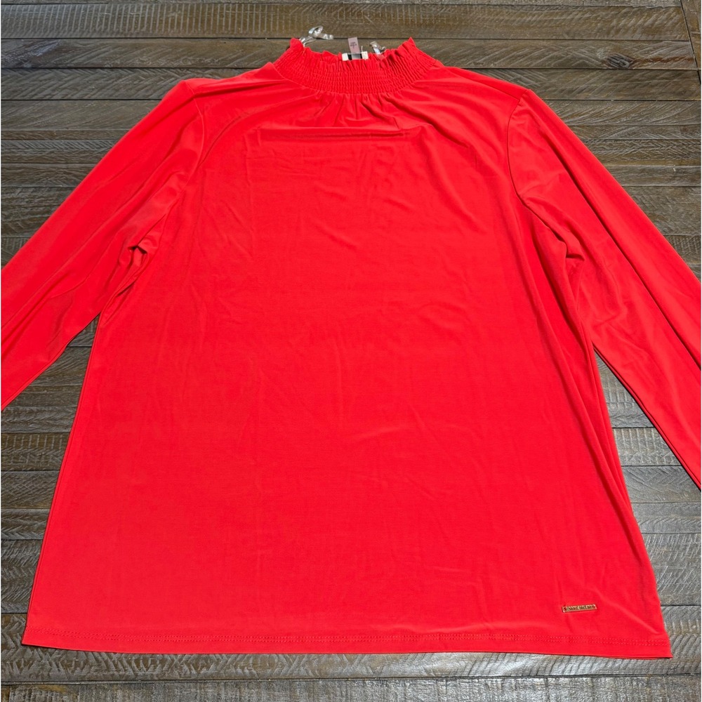 Anne Klein Mock Neck Blouse Large Red Smocked Cuff Long Sleeve Top Preloved